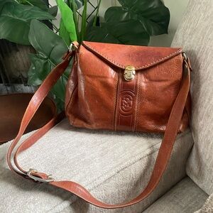 Marino Orlandi Brown Leather Shoulder Bag with Logo Accent and Turn Lock Closure